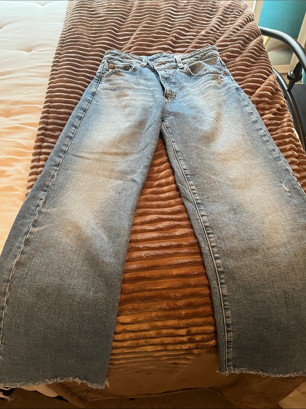 Ag Adriano Goldschmied Light Blue Wide-Leg Frayed Hem Jeans